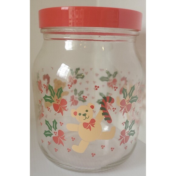 Anchor Hocking Glass Jar Canister Christmas Cookie Teddy Bear Holly Bows 7” VTG - Picture 5 of 7
